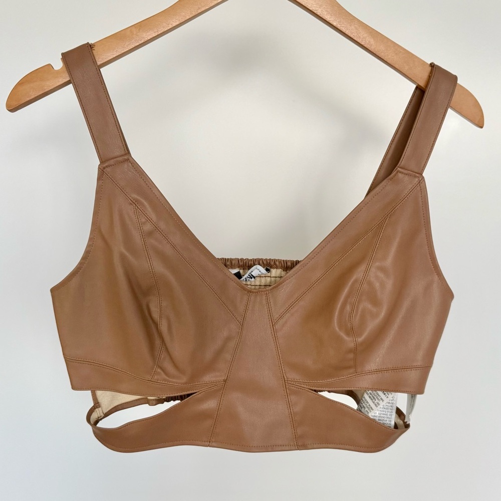 ZARA | Light Brown Faux Leather Cut-Out Crop Top